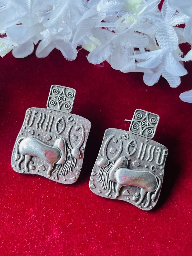 Antique Harappan Bull Dangler Silver Oxidised Earrings