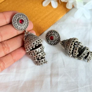 red-stone-layered-oxidised-earrings