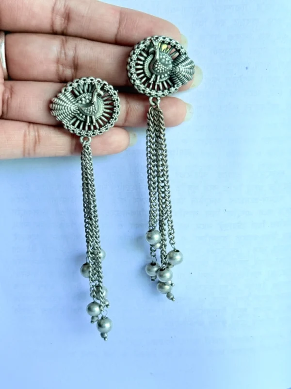 Silver Toned Peacock Drop Long Chain Earrings - Image 2