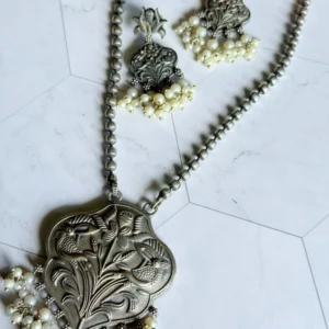 bird-pendant-moti-silver-oxidised-set