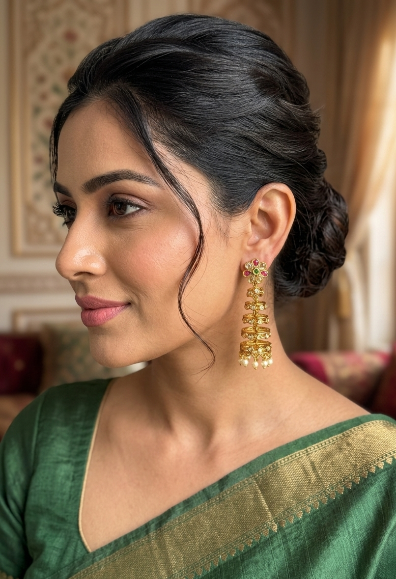 Floral Motif Temple Drop Jhumkas - Image 2