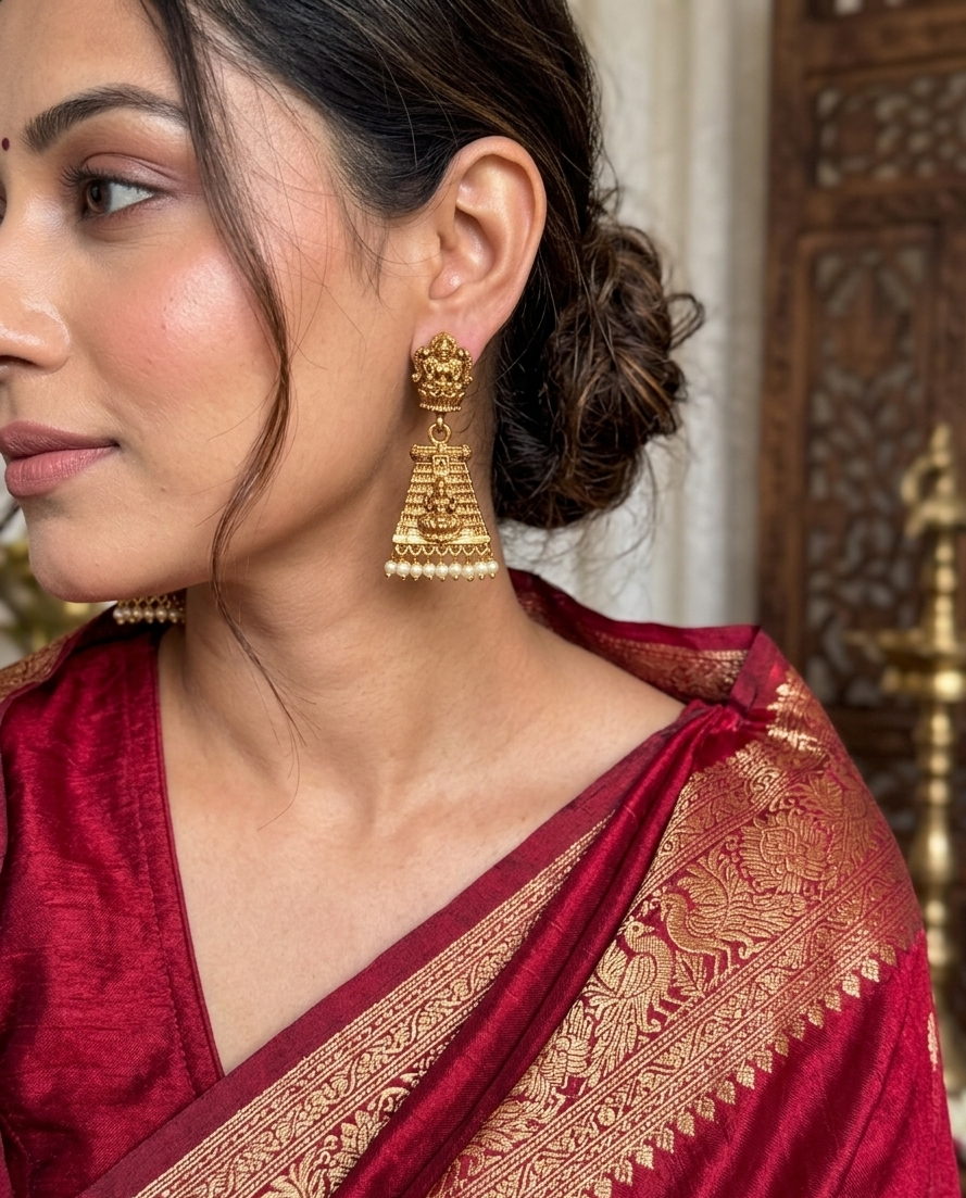 Traditional Temple Motif Golden Jhumkas - Image 2