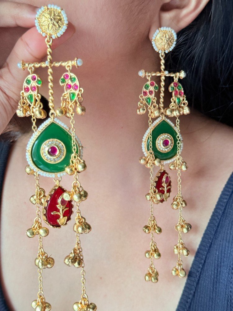 brass-red-green-long-earrings