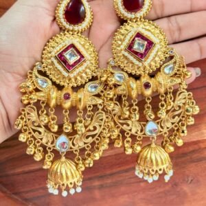 red long brass jhumkas red-long-brass-jhumkas