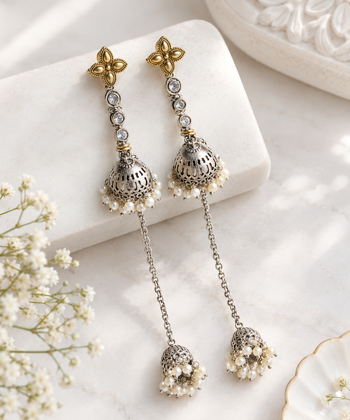 Elegant-Silver-Gold-Jhumka-Earrings