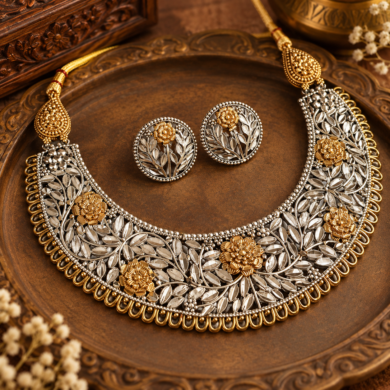 Ornate-Silver-and-Gold-Floral-Jewellery-Set